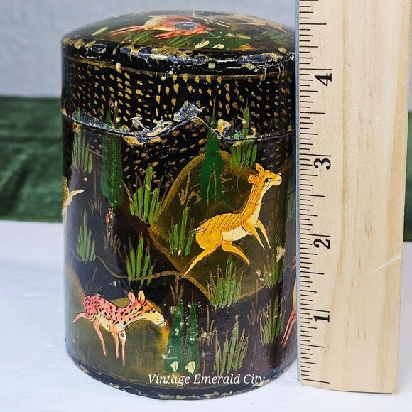 Kashmir India Forest Scene Hand Painted Lacquered Lidded Canister Leaping Deer - Picture 6 of 12